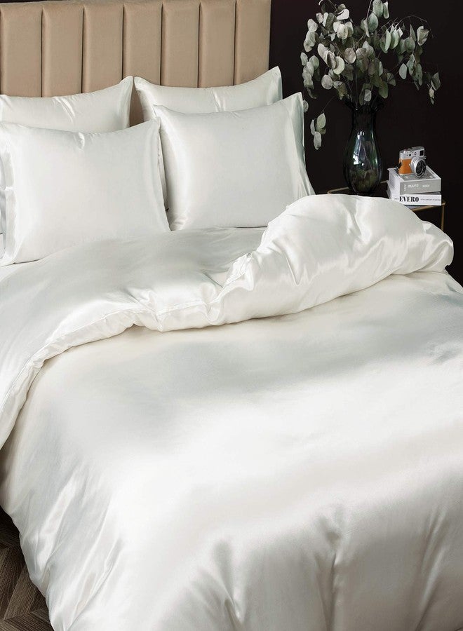 P Pothuiny 5 Pieces Satin Duvet Cover California King Size, Luxury Silky Like Ivory White Duvet Cover Bedding Set with Zipper Closure, 1 Duvet Cover + 4 Pillow Cases (No Comforter) - Image 4